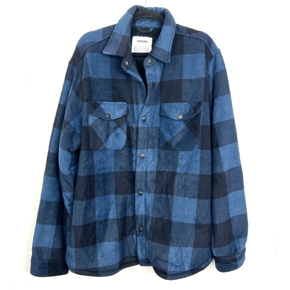 NWT Sonoma Arctic Fleece Shirt Jacket Sherpa Lined Navy Black Plaid Men's XL - Picture 1 of 4